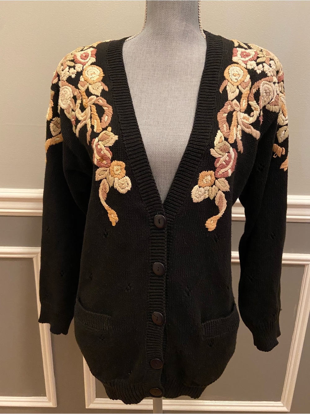 Vintage Black Embroidered Cardigan Sweater Size Small 1990’s Button Front.
